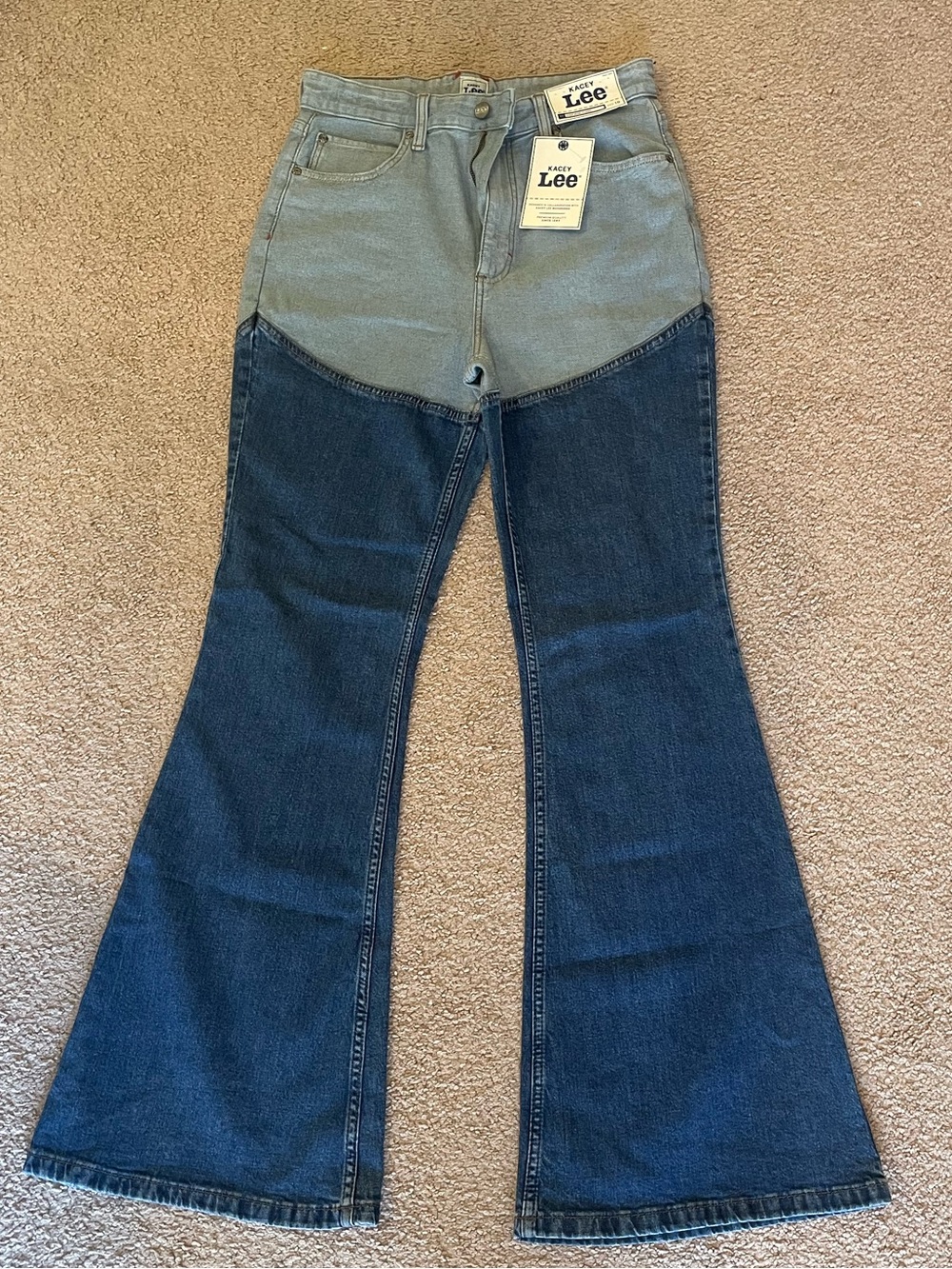 Kacy Musgraves X Lee Two-Tone High-Waist Flare Jeans - Light Blue & Dark Blue